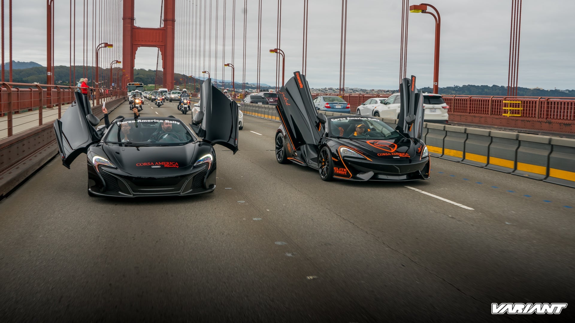 Corsa America Rally Golden gate bridge cinematic shot with police escort