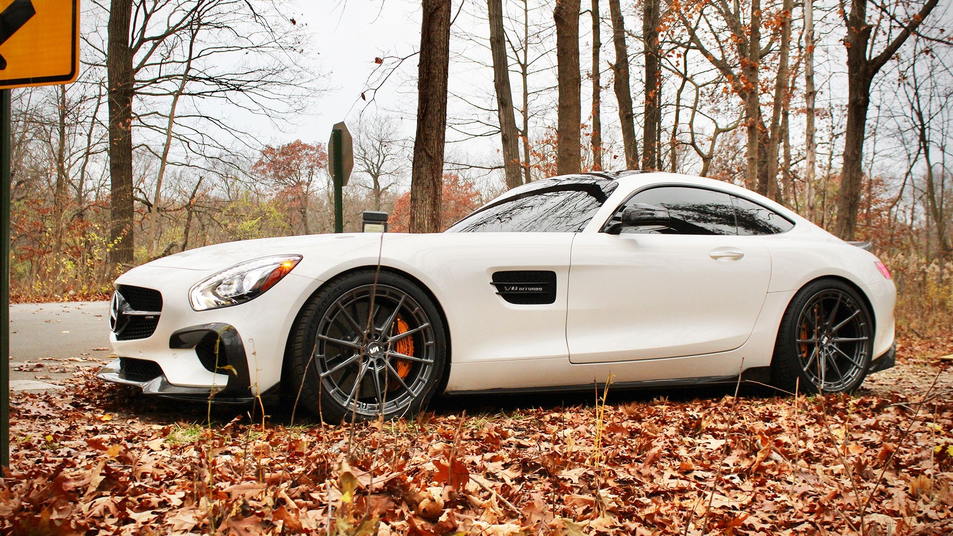 Static shot of the AMG GTS parked, highlighting its stance with Aures wheels.