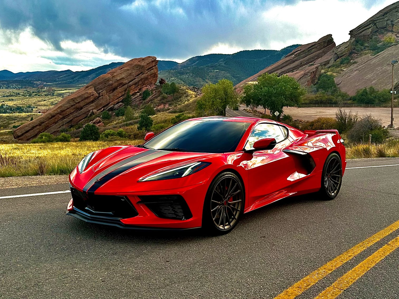 Front view of a C8 Corvette Z51 on Rian wheels, highlighting the aggressive stance.